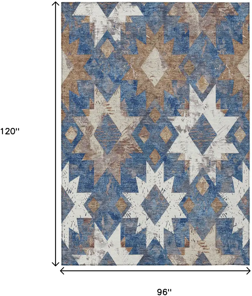 Blue Brown And Ivory Aztec Washable Indoor Outdoor Area Rug Photo 9