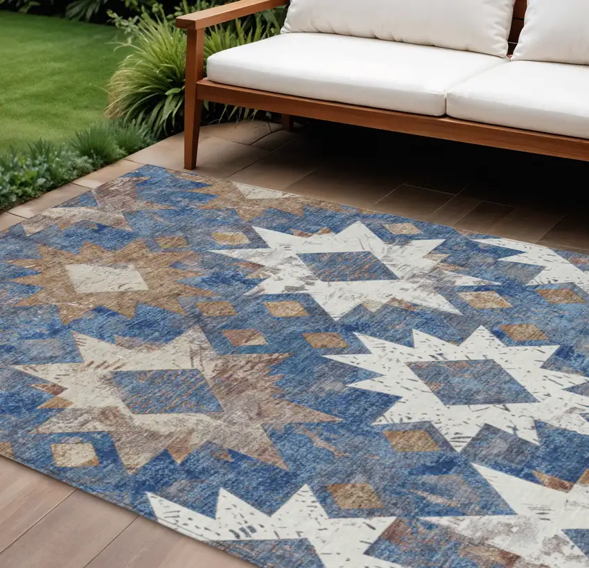 Blue Brown And Ivory Aztec Washable Indoor Outdoor Area Rug Photo 2