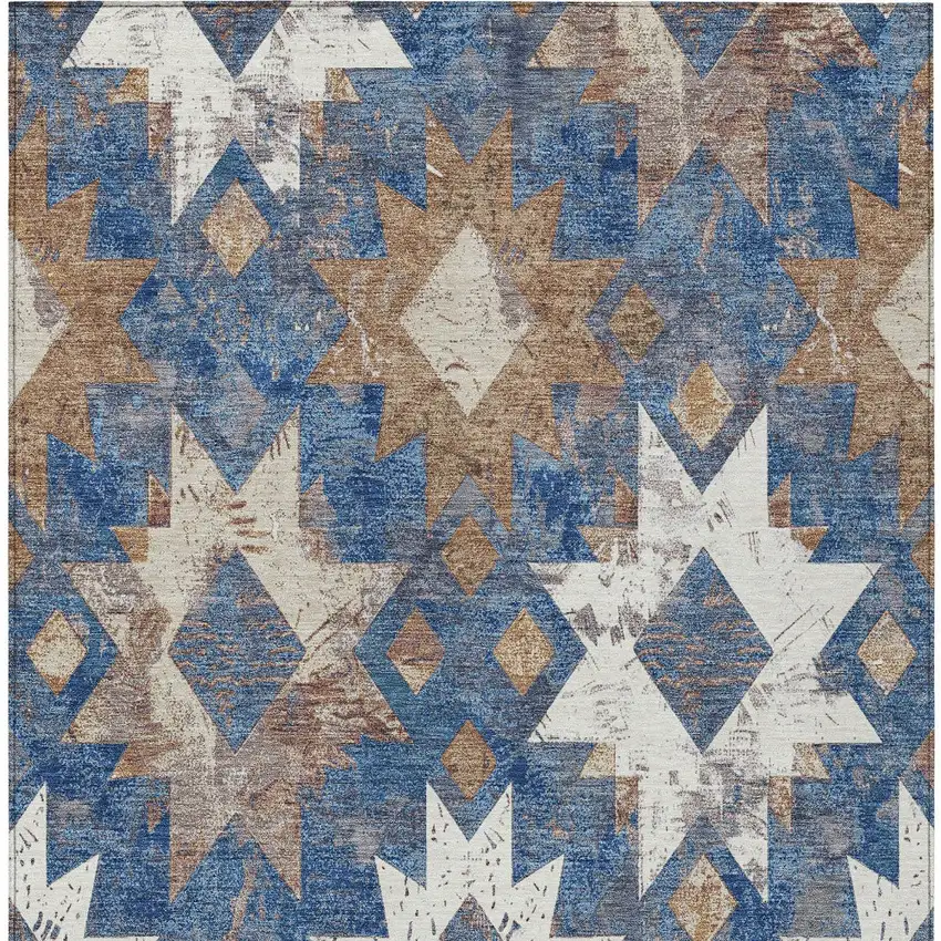 Blue Brown And Ivory Aztec Washable Indoor Outdoor Area Rug Photo 9
