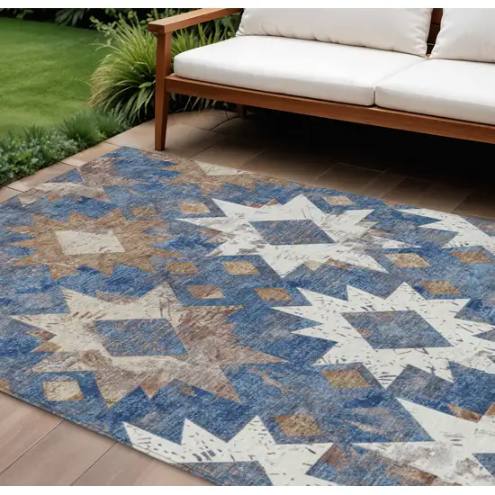 Blue Brown And Ivory Aztec Washable Indoor Outdoor Area Rug Photo 2