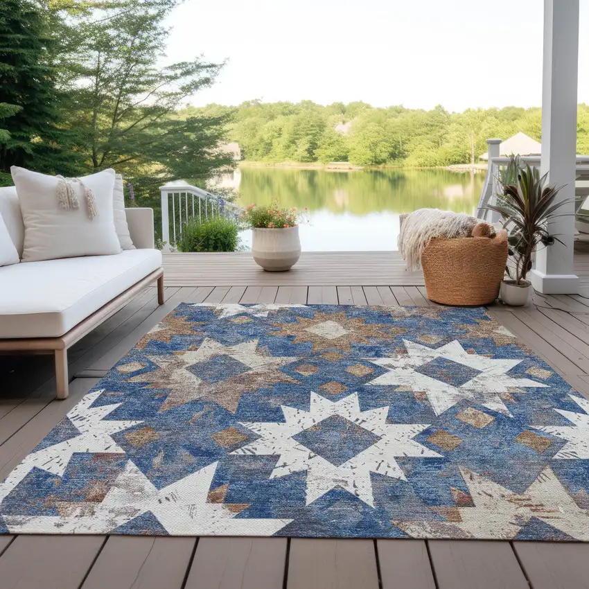 Blue Brown And Ivory Aztec Washable Indoor Outdoor Area Rug Photo 5