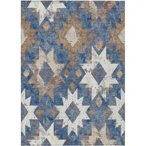Photo of Blue Brown And Ivory Aztec Washable Indoor Outdoor Area Rug