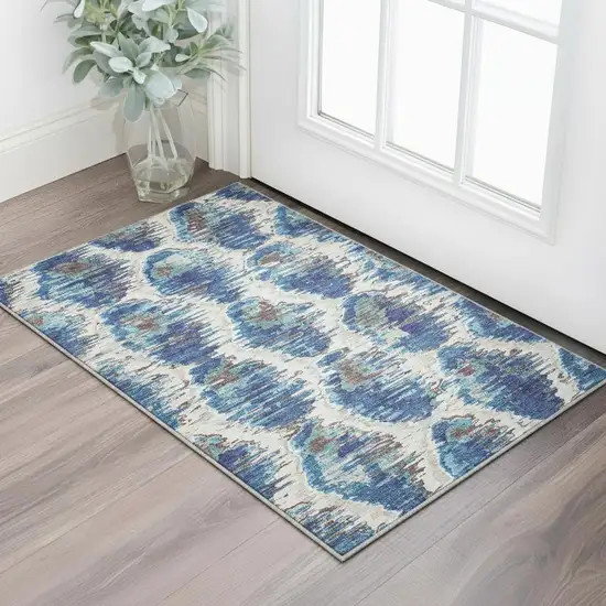 Blue Brown And Ivory Diamond Washable Area Rug With UV Protection Photo 2