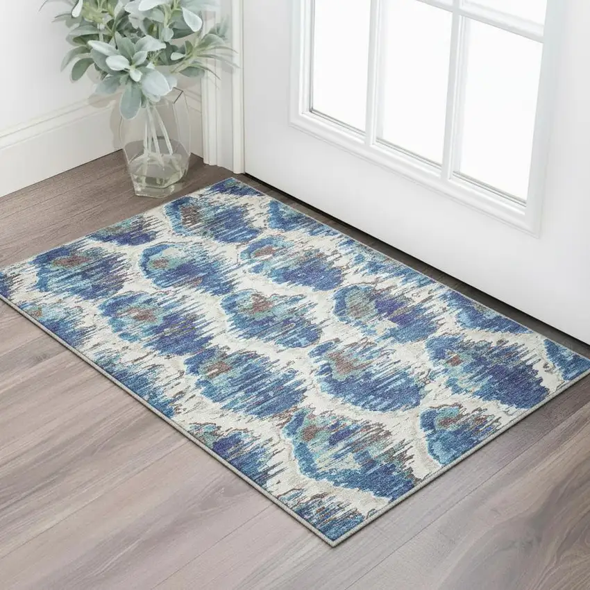 Blue Brown And Ivory Diamond Washable Area Rug With UV Protection Photo 2