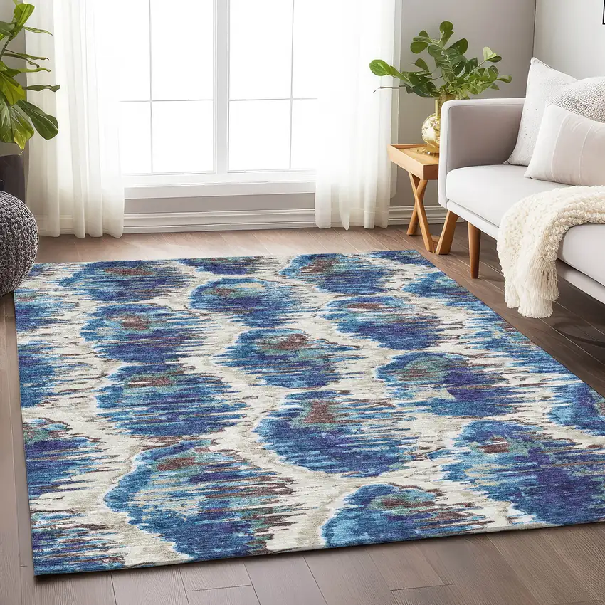 Blue Brown And Ivory Diamond Washable Area Rug With UV Protection Photo 4