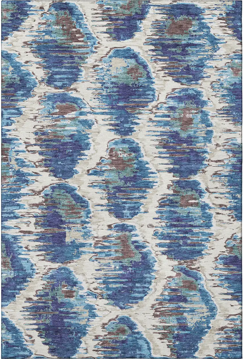 Blue Brown And Ivory Diamond Washable Area Rug With UV Protection Photo 3