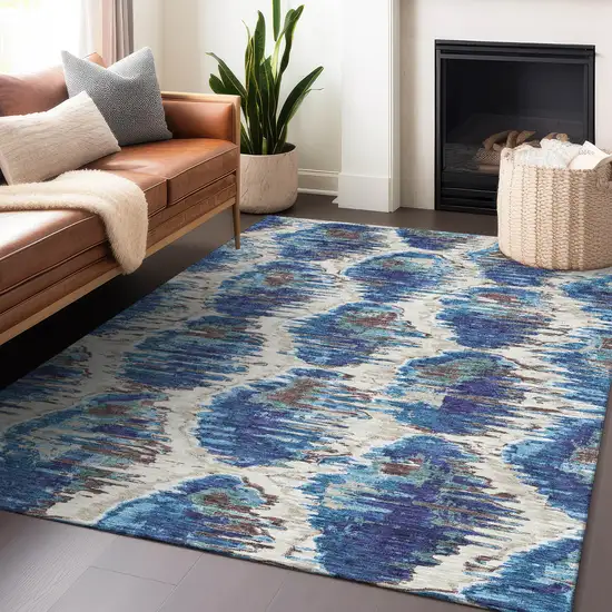 Blue Brown And Ivory Diamond Washable Area Rug With UV Protection Photo 5
