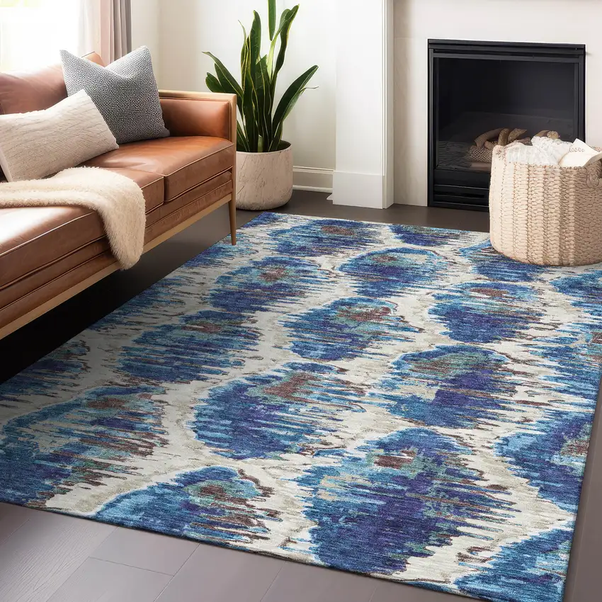 Blue Brown And Ivory Diamond Washable Area Rug With UV Protection Photo 5