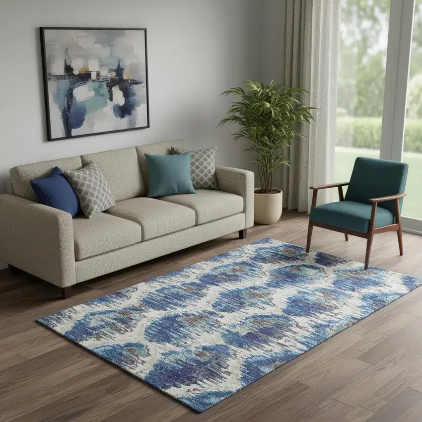 Blue Brown And Ivory Diamond Washable Area Rug With UV Protection Photo 1