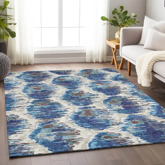 Blue Brown And Ivory Diamond Washable Area Rug With UV Protection Photo 5