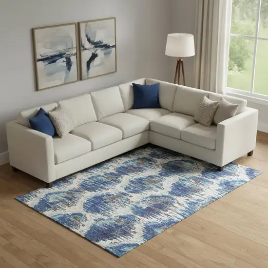 Blue Brown And Ivory Diamond Washable Area Rug With UV Protection Photo 1