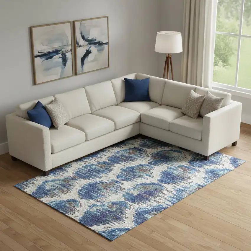 Blue Brown And Ivory Diamond Washable Area Rug With UV Protection Photo 1