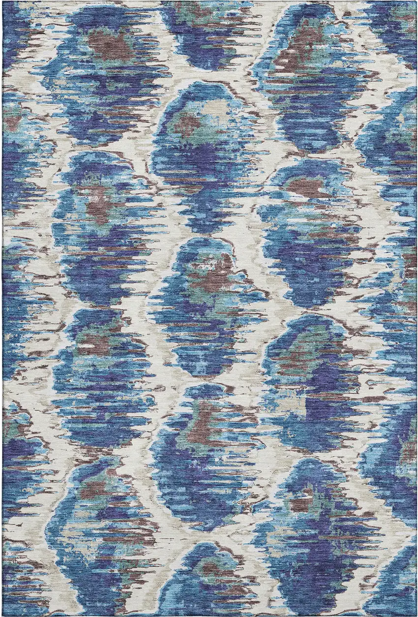 Blue Brown And Ivory Diamond Washable Area Rug With UV Protection Photo 1