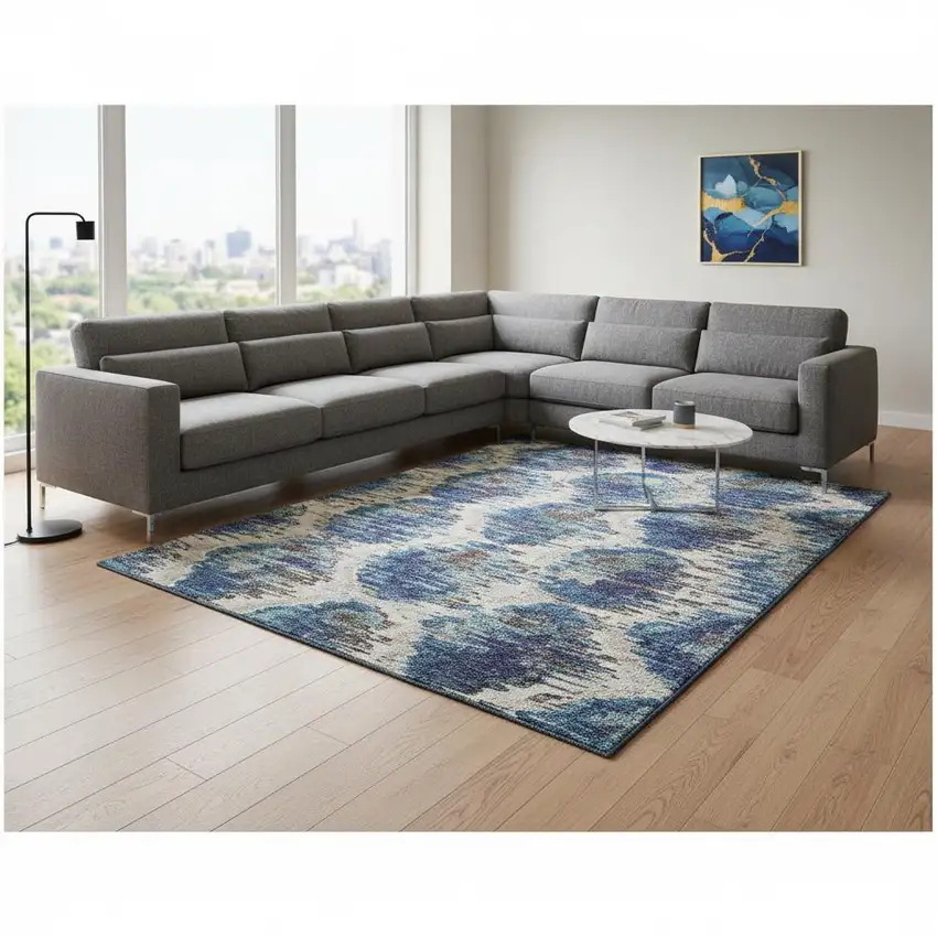 Blue Brown And Ivory Diamond Washable Area Rug With UV Protection Photo 2