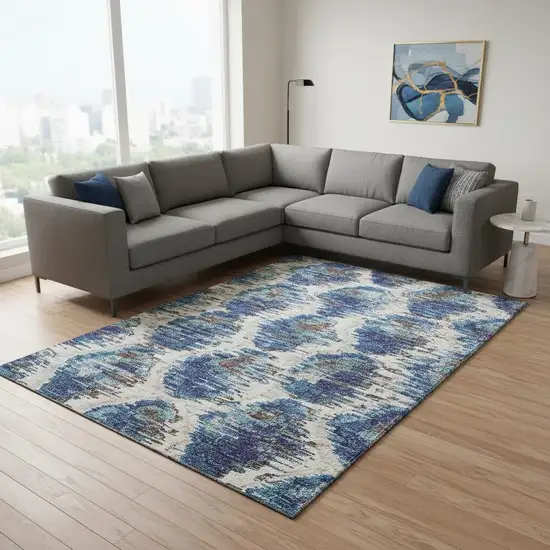 Blue Brown And Ivory Diamond Washable Area Rug With UV Protection Photo 2