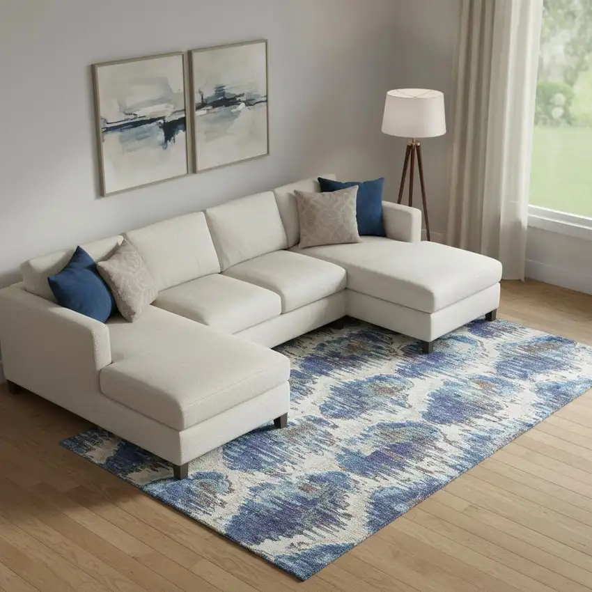 Blue Brown And Ivory Diamond Washable Area Rug With UV Protection Photo 1