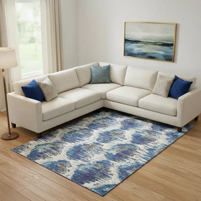 Blue Brown And Ivory Diamond Washable Area Rug With UV Protection Photo 1