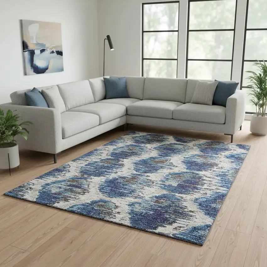 Blue Brown And Ivory Diamond Washable Area Rug With UV Protection Photo 2