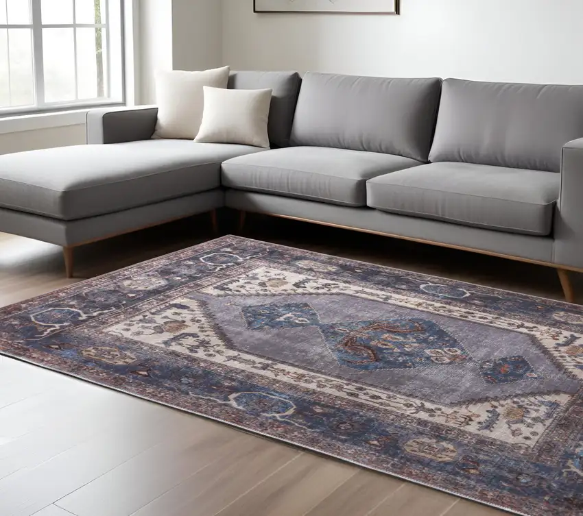 Blue and Ivory Floral Area Rug Photo 2