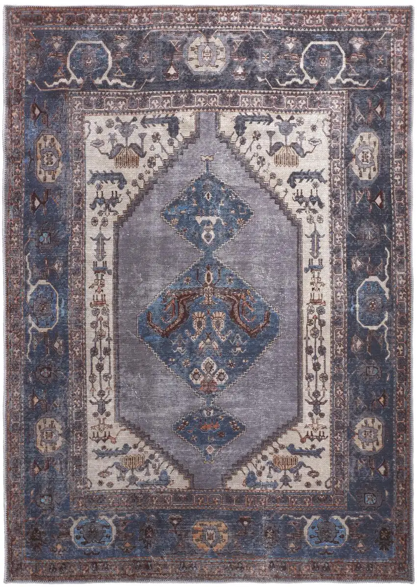 Blue Brown And Ivory Floral Area Rug Photo 2