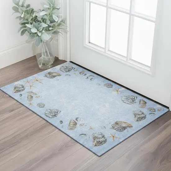 Blue Brown And Ivory Geometric Washable Area Rug With UV Protection Photo 1