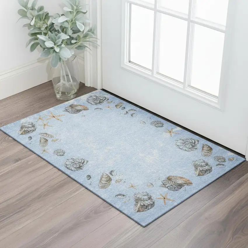 Blue Brown And Ivory Geometric Washable Area Rug With UV Protection Photo 1