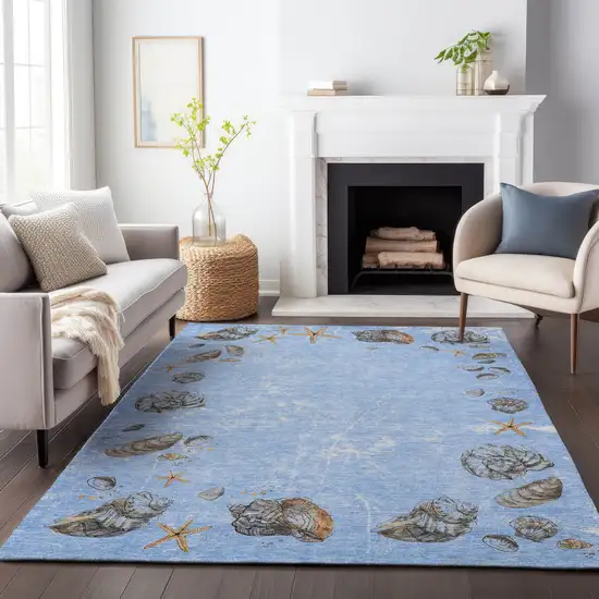 Blue Brown And Ivory Geometric Washable Area Rug With UV Protection Photo 5