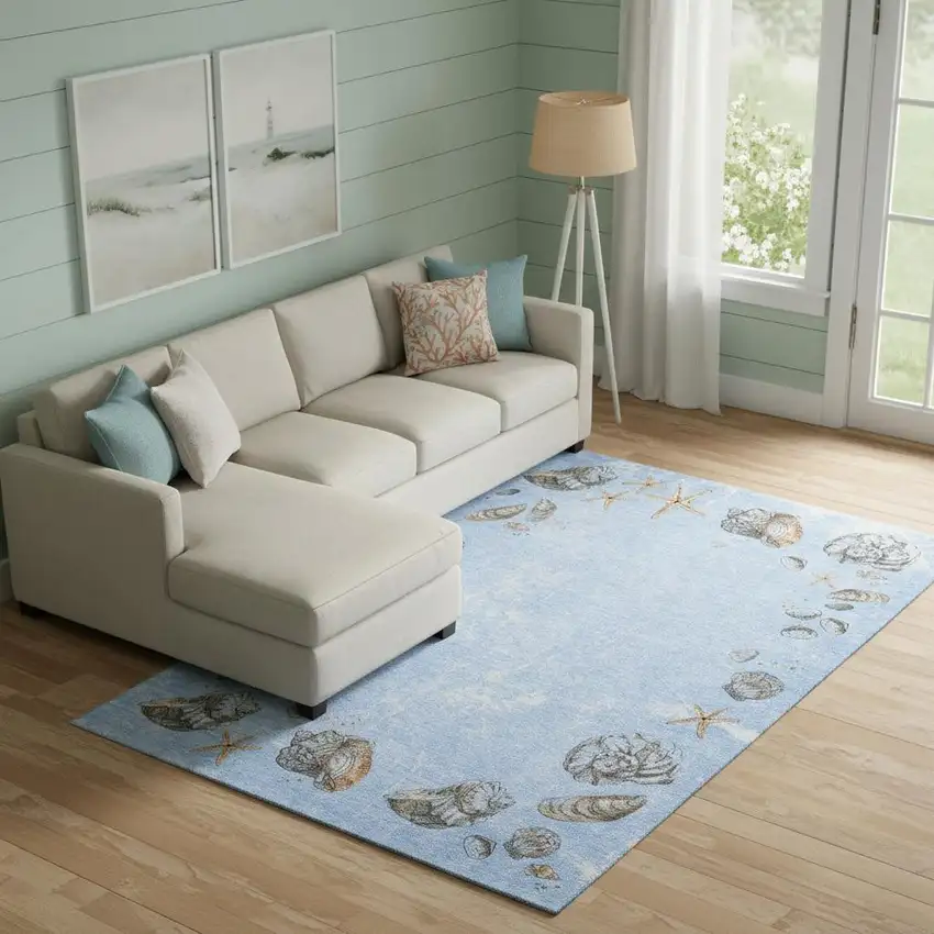 Blue Brown And Ivory Geometric Washable Area Rug With UV Protection Photo 1