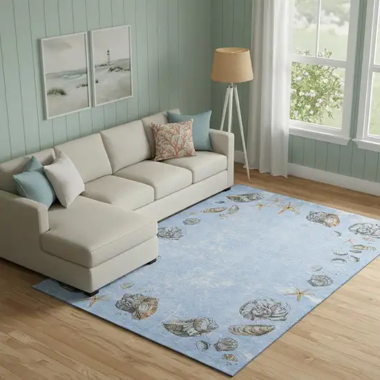 Blue Brown And Ivory Geometric Washable Area Rug With UV Protection Photo 1