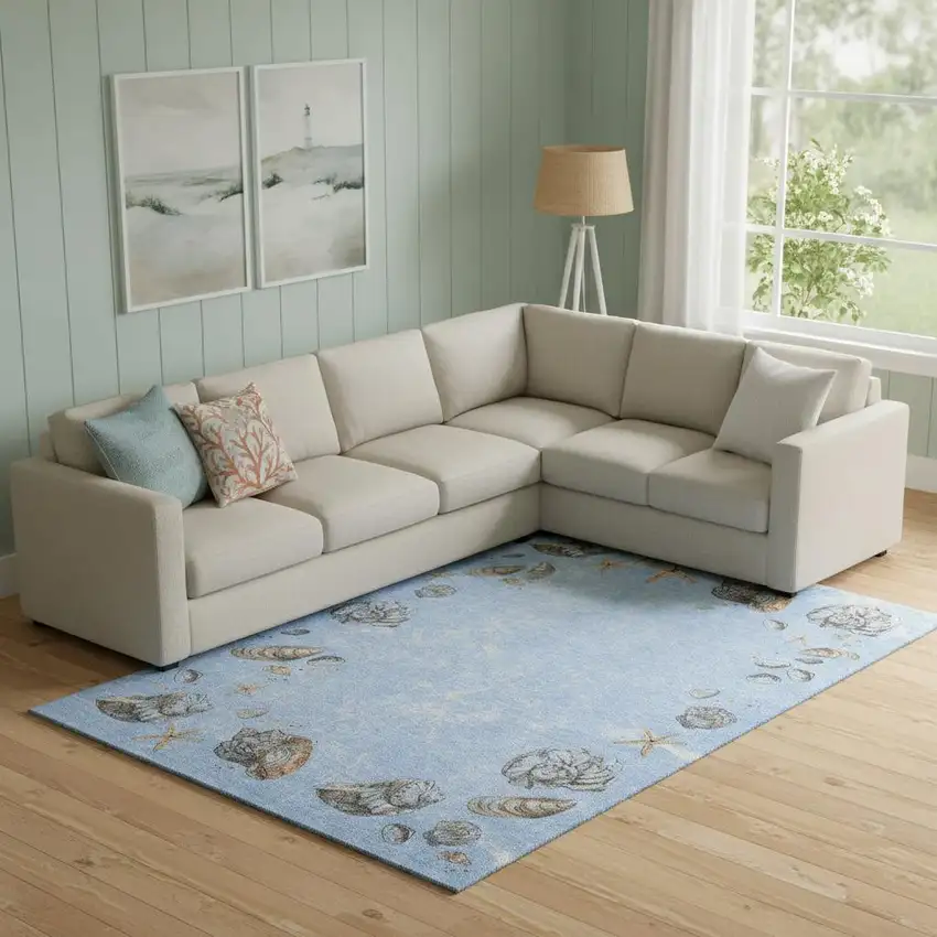 Blue Brown And Ivory Geometric Washable Area Rug With UV Protection Photo 1