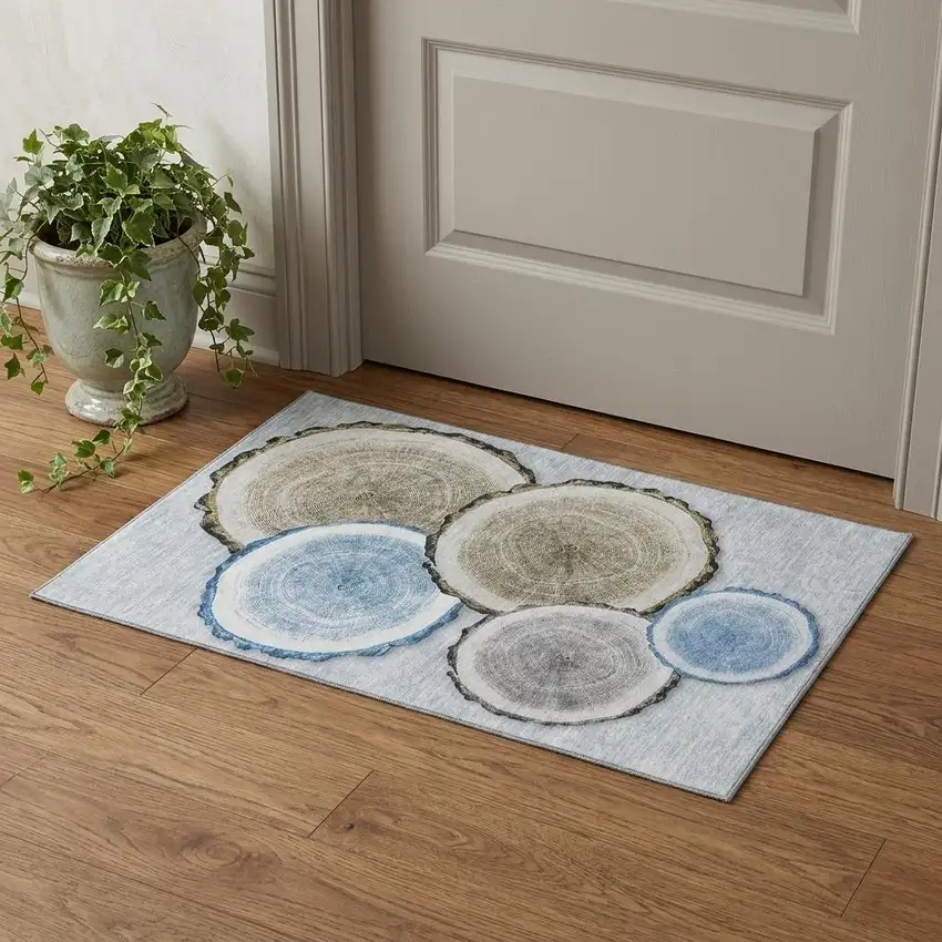 Blue Brown And Ivory Faux Bois Washable Area Rug With UV Protection Photo 1