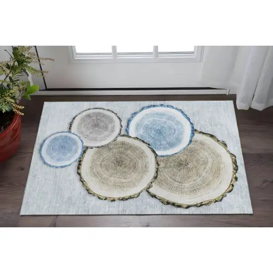 Blue Brown And Ivory Woodland Lodge Washable Area Rug With UV Protection Photo 2