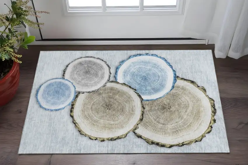 Blue Brown And Ivory Woodland Lodge Washable Area Rug With UV Protection Photo 2