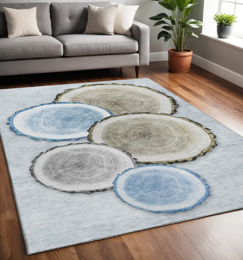Blue Brown And Ivory Woodland Lodge Washable Area Rug With UV Protection Photo 2