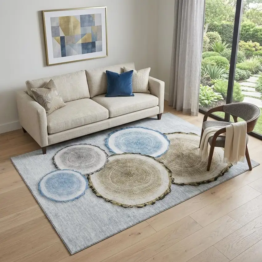 Blue Brown And Ivory Faux Bois Washable Area Rug With UV Protection Photo 1