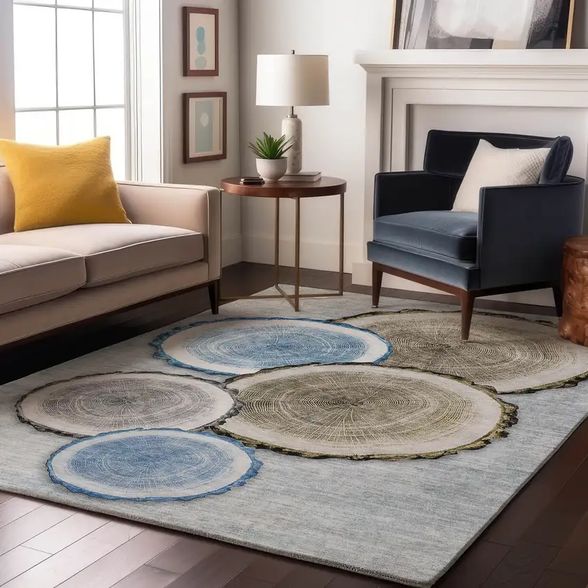 Blue Brown And Ivory Woodland Lodge Washable Area Rug With UV Protection Photo 5