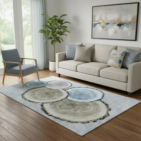 Blue Brown And Ivory Woodland Lodge Washable Area Rug With UV Protection Photo 1