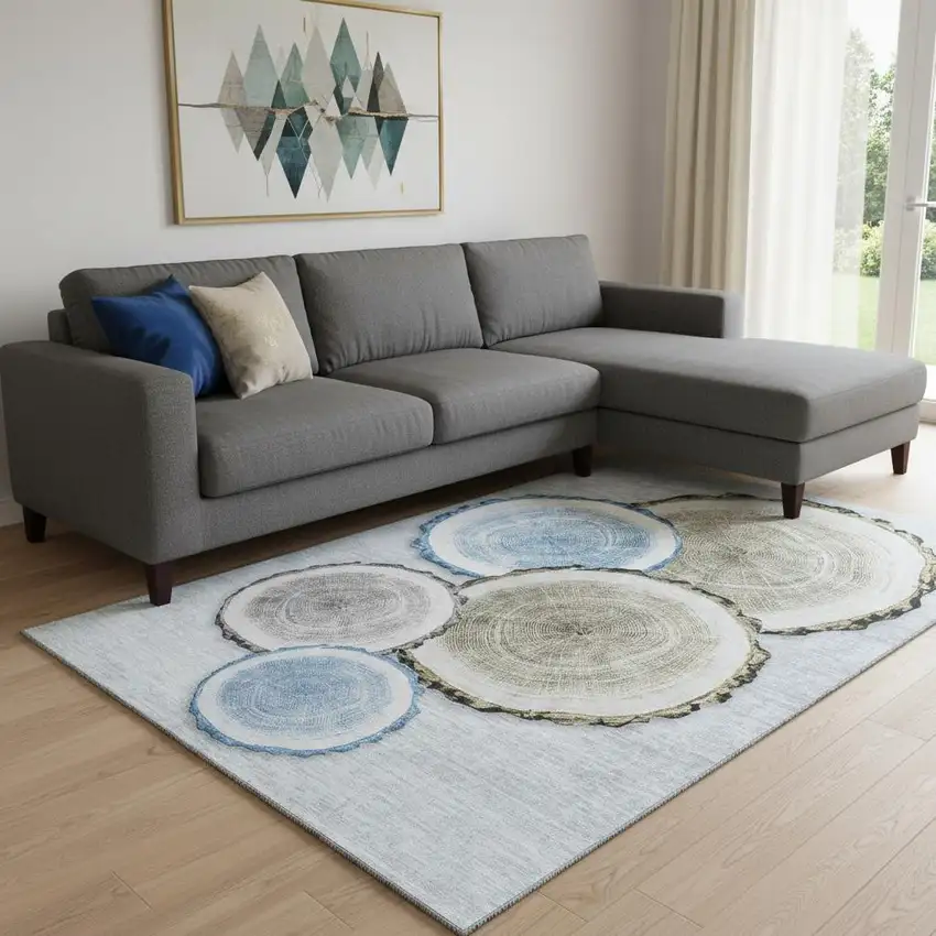 Blue Brown And Ivory Woodland Lodge Washable Area Rug With UV Protection Photo 1