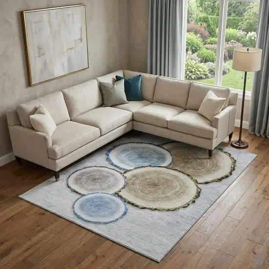 Blue Brown And Ivory Faux Bois Washable Area Rug With UV Protection Photo 1