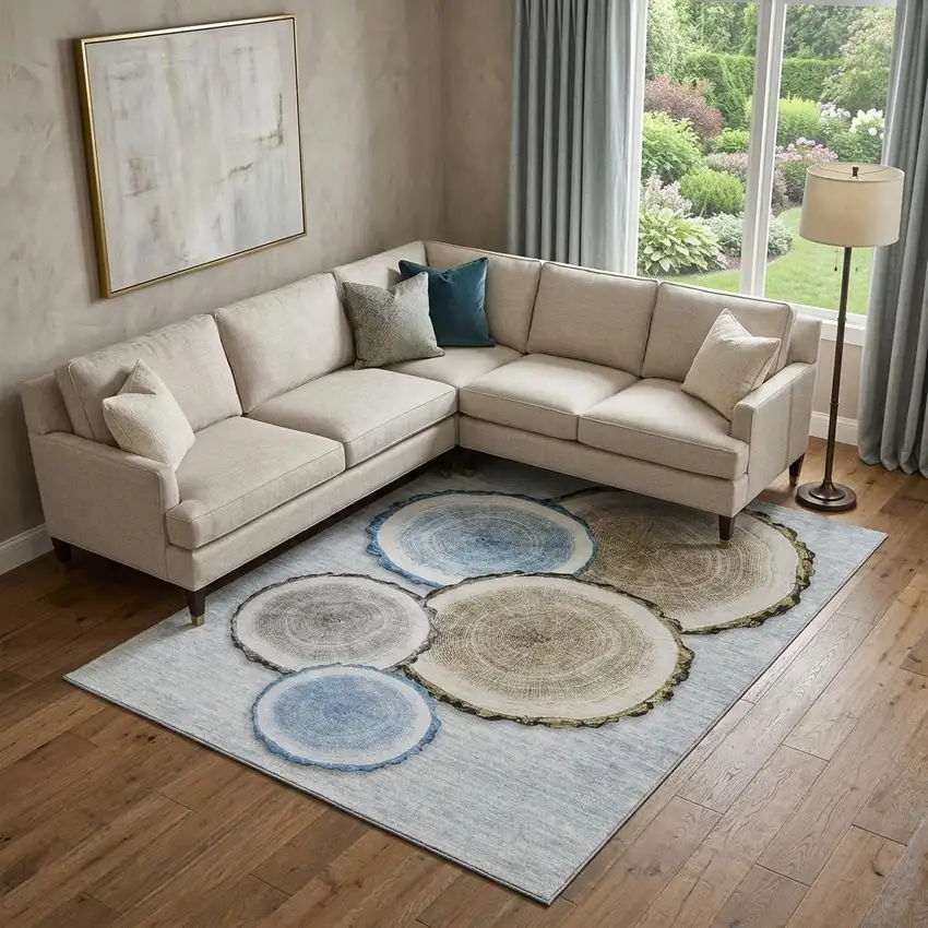 Blue Brown And Ivory Faux Bois Washable Area Rug With UV Protection Photo 1