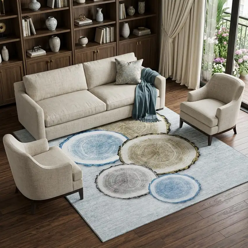 Blue Brown And Ivory Faux Bois Washable Area Rug With UV Protection Photo 1