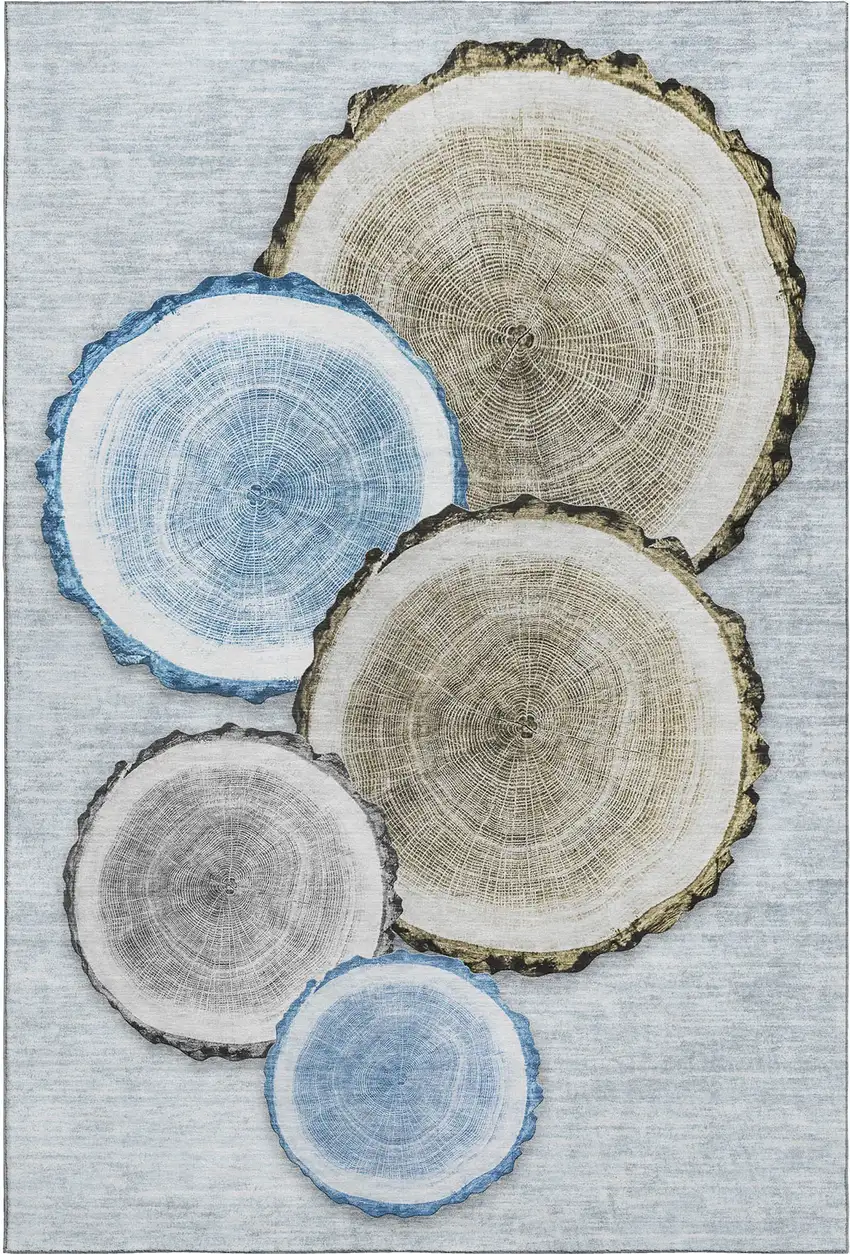 Blue Brown And Ivory Woodland Lodge Washable Area Rug With UV Protection Photo 1