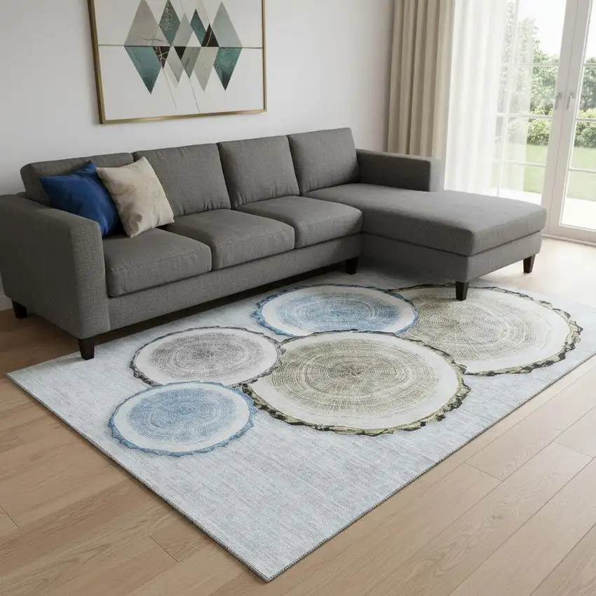 Blue Brown And Ivory Woodland Lodge Washable Area Rug With UV Protection Photo 1