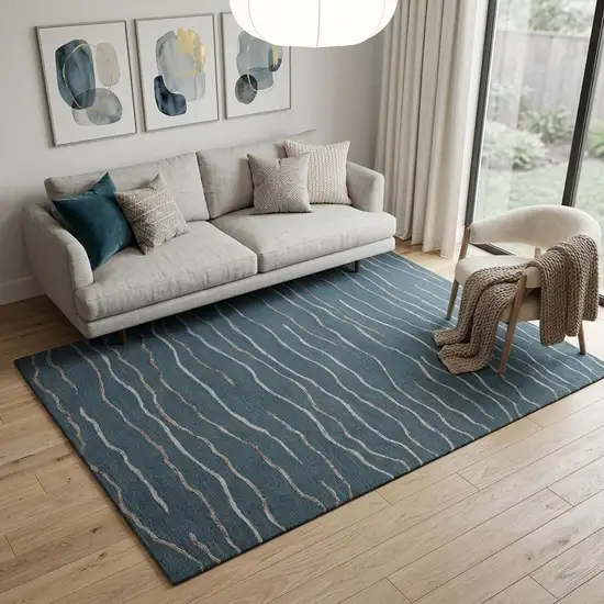 Blue Brown And Ivory Wool Striped Hand Tufted Area Rug Photo 1