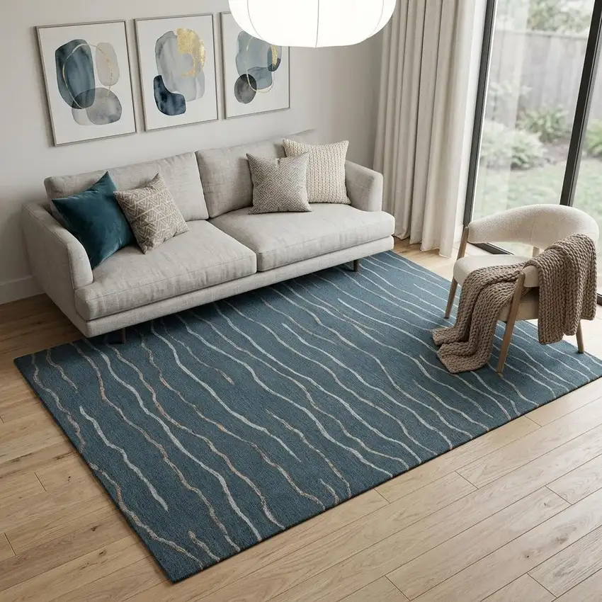 Blue Brown And Ivory Wool Striped Hand Tufted Area Rug Photo 1