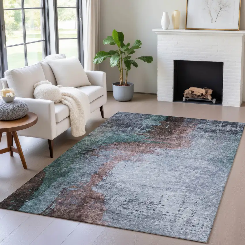 Blue Brown And Mauve Abstract Washable Indoor Outdoor Area Rug Photo 6