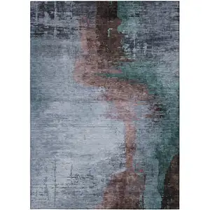 Photo of Blue Brown And Mauve Abstract Washable Indoor Outdoor Area Rug