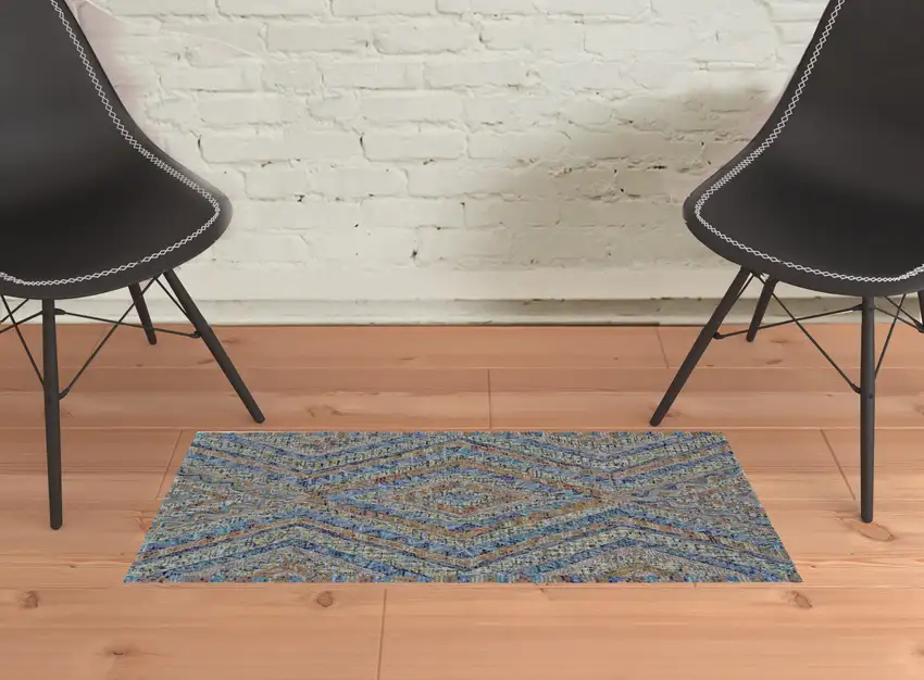 Blue Brown And Orange Wool Geometric Tufted Handmade Stain Resistant Area Rug Photo 2