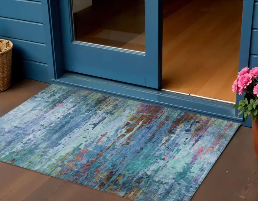 Blue Brown And Purple Abstract Washable Indoor Outdoor Area Rug Photo 2