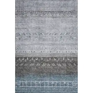 Photo of Blue Brown And Silver Geometric Washable Area Rug With UV Protection